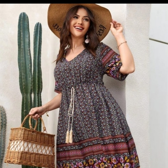 Boho Floral All Over Print Tie Waist Dress Size 2X - Picture 4 of 13